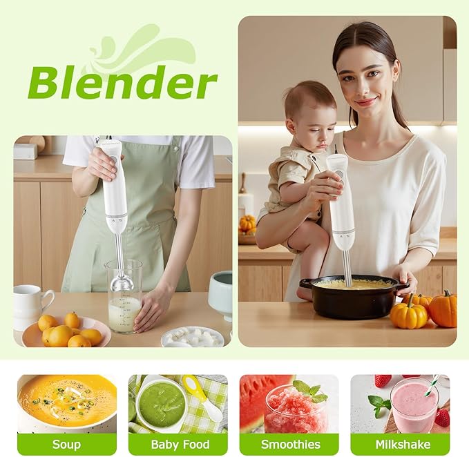 Bonsenkitchen Hand Blender, Immersion Blender with 2 Mixing Speed, 4-In-1 Stainless Steel Handheld Stick Mixer with Egg Whisk, Beaker & Chopper Bowl, for Baby Food, Soups, Smoothies, White