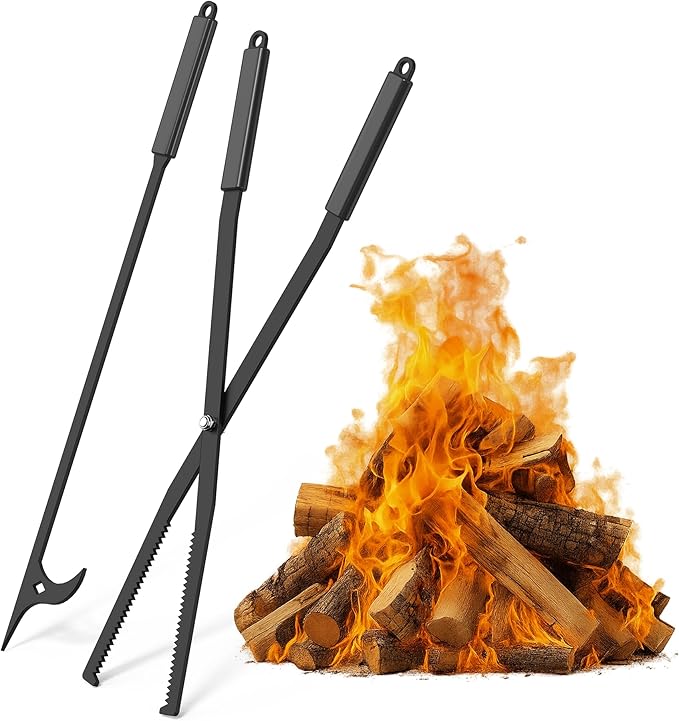 GARVIN Heavy Duty Fire Tongs & Poker Set, 27.7" Long-Handle Carbon Steel Log Grabber with Serrated Grip, Fire Tools Sets For Fire Pit & Fireplace, Wood Stoves, Campfires, Bonfires & BBQ Grills