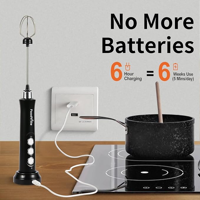 MF09 3 in 1 Rechargeable Milk Frother Handheld Foam Maker with Charging Stand & 3 Stainless Steel Whisks (Black without Case)