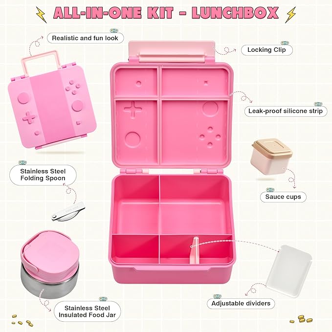 Game Bento Box for Kids, Lunch Box with Thermo(9oz Food Jar), Folding Spoon, Removable Divider & Sauce Cup, Lunch Box Kids for School,Travel, BPA-Free & Realistic Shape (Pink)