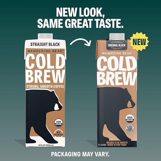 Wandering Bear Straight Black Organic Cold Brew Coffee - Extra Strong, Bold, Smooth, Unsweetened, Shelf-Stable, Ready to Drink, 100% Organic Iced Cold Brewed Coffee Drink - 32 fl oz, 6 pack