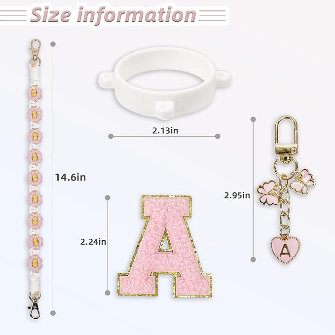Cute Letter Charm Set Compatible with Owala Water Bottle 24 oz, 32 oz, 40 oz, Owala Kids, Owala Coffee Tumbler, Owala FreeSip – Includes Handle Strap, for Owala Accessories & Stanley Cup Accessories