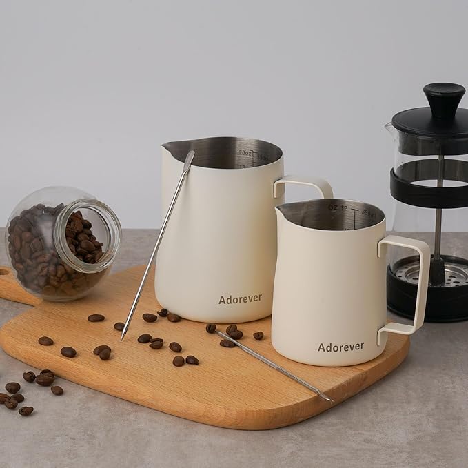 Milk Frothing Pitcher, 350ml/12oz Steaming Pitchers Stainless Steel Milk Coffee Cappuccino Latte Art Barista Steam Pitchers Milk Jug Cup with Decorating Art Pen, Matte White