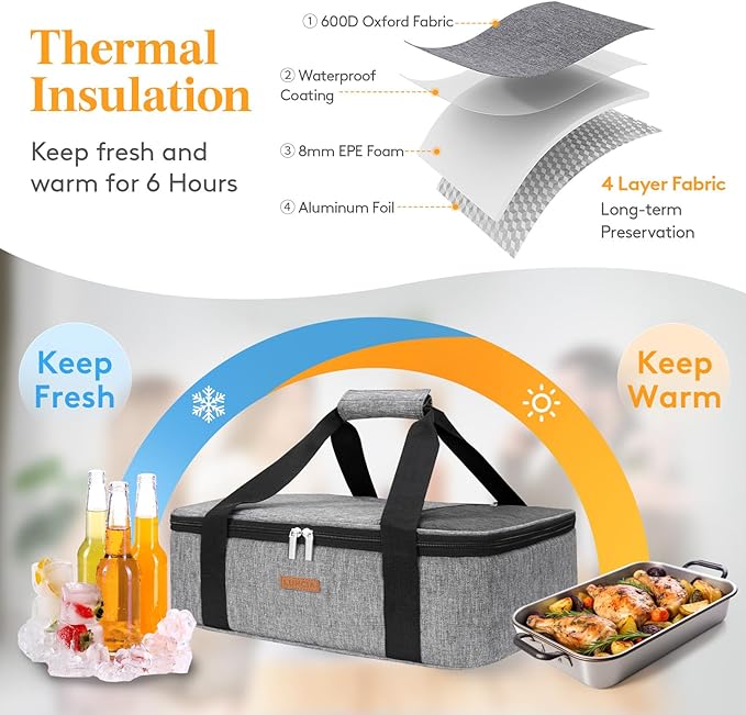 Lifewit Insulated Casserole Carrier for Hot or Cold Food, Lasagna Lugger Tote for Potluck Parties/Picnic/Cookouts, Fits 11"x15" Baking Dish, Grey