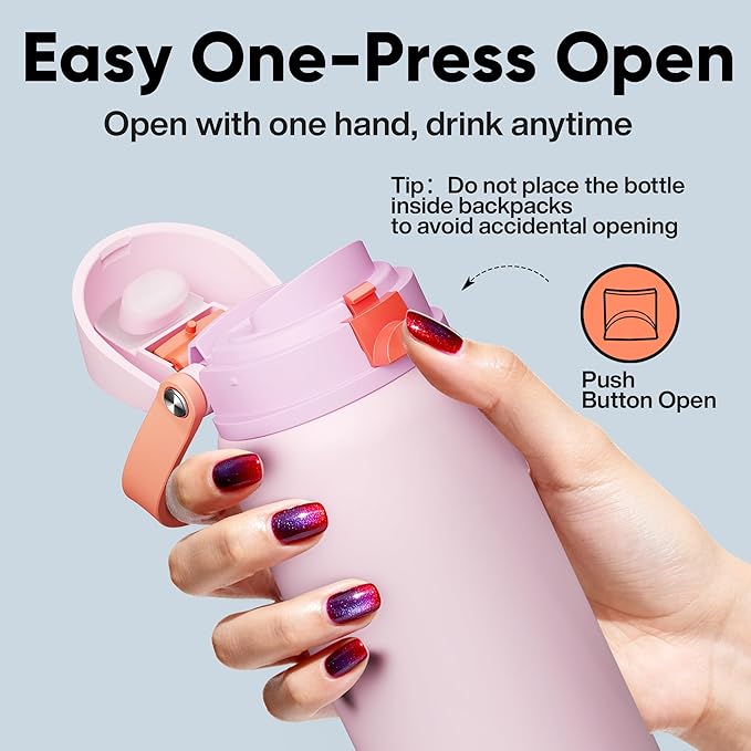 Insulated Water Bottle with Straw - Encool Stainless Steel Water Bottle with Push Button Lid, Leak-Proof & BPA-Free, Keeps Cold for 24 Hours for Sports, Travel, Gym (40 oz, Lily-Red)
