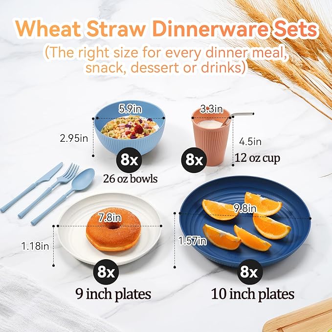 Hommaly Wheat Straw Dinnerware Sets,64-Piece Plates and Bowls Sets for 8-Unbreakable,Reusable Plastic Dish Set-Dinner Plate/Dessert Plate/Cereal Bowl/Cup/Utensils-Dishwasher Safe 64P-Coral Coast