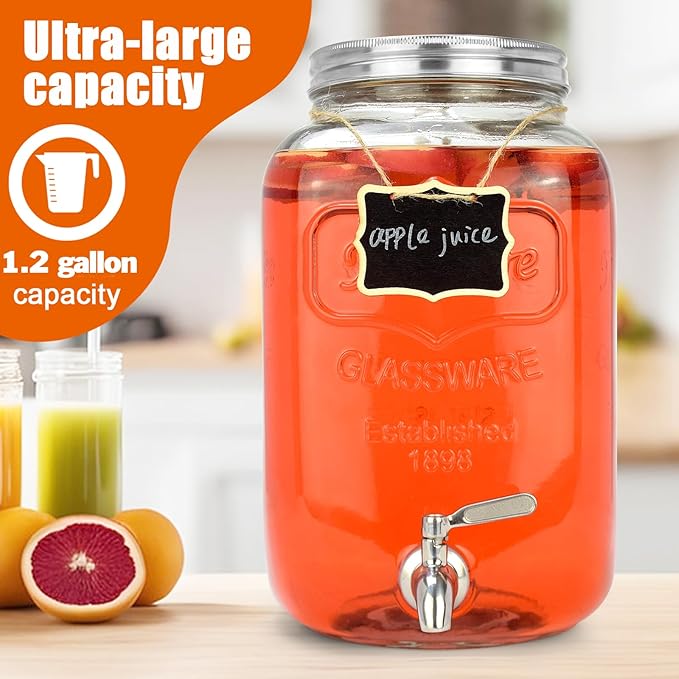 DD&HAPP Glass Drink Dispensers For Parties. 1.2 Gallon Beverage Dispensers With Stand And Stainless Steel Spigot .Lemonade Dispenser With Ice Cylinder.Mason Jars,Laundry Detergent Dispenser.