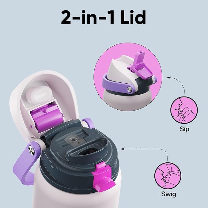 Insulated Water Bottle with Straw - Encool Stainless Steel Water Bottle with Push Button Lid, Leak-Proof & BPA-Free, Keeps Cold for 24 Hours for Sports, Travel, Gym (32 oz, Oyster Pink)