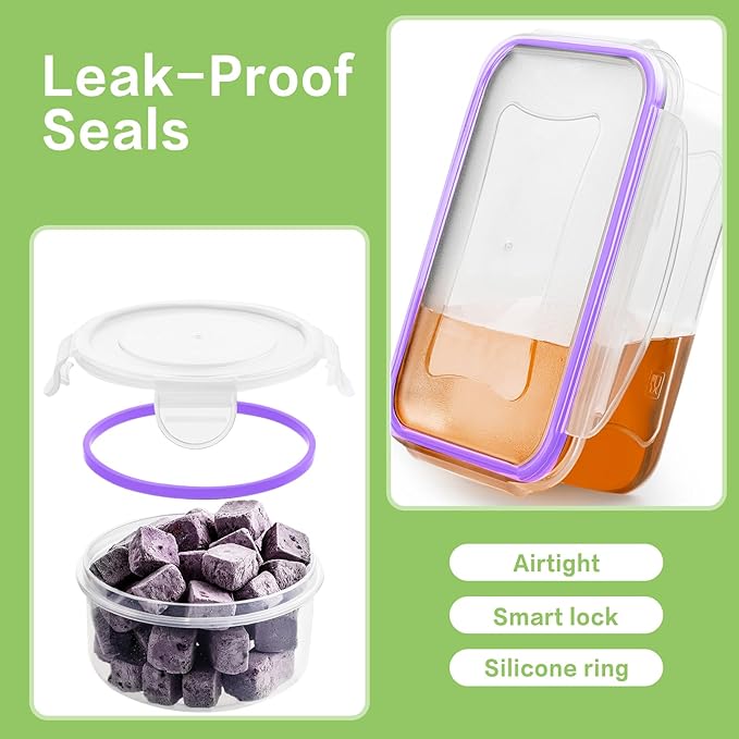 HOMBERKING 40 Pieces Food Storage Containers Set with Snap Lids (20 Lids + 20 Containers), Meal Prep Airtight Plastic Containers, BPA-Free Lunch Box for Kitchen, Pantry, Home, Purple