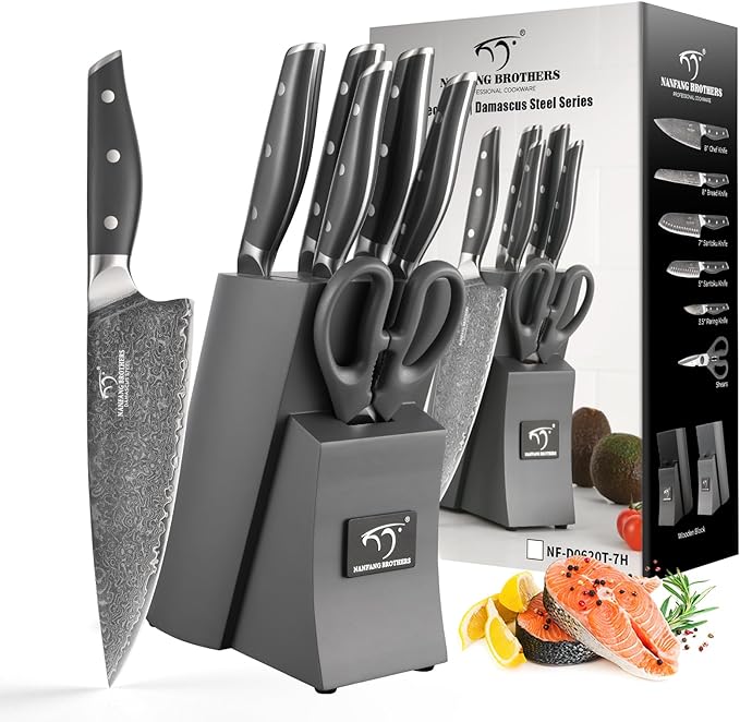 NF NANFANG BROTHERS Damascus Kitchen Knife Set, 7-Piece with Block, ABS Ergonomic Handle, Carving Fork, Disconnect-type Knife Block (Grey)