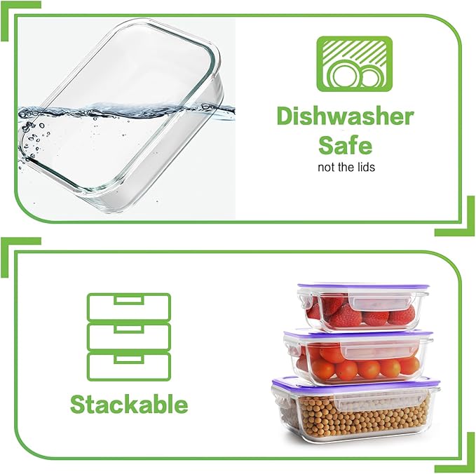HOMBERKING Glass Food Storage Containers with Lids, 18 Piece Meal Prep Containers, Airtight Lunch Bento Boxes, BPA-Free & Leak Proof (9 Lids & 9 Containers) - Purple