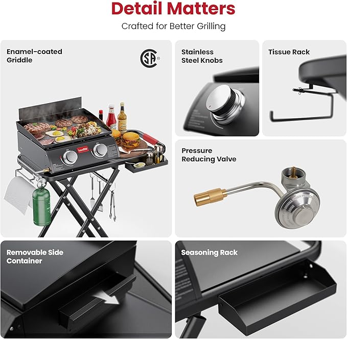 Portable Propane Gas Griddle with Collapsible Stand, Non-Stick Enameled Cast Iron, 342 SQ.IN Cooking Space, 2 Burners Flat Top Griddles for Camping, Tailgating, Outdoor Cooking