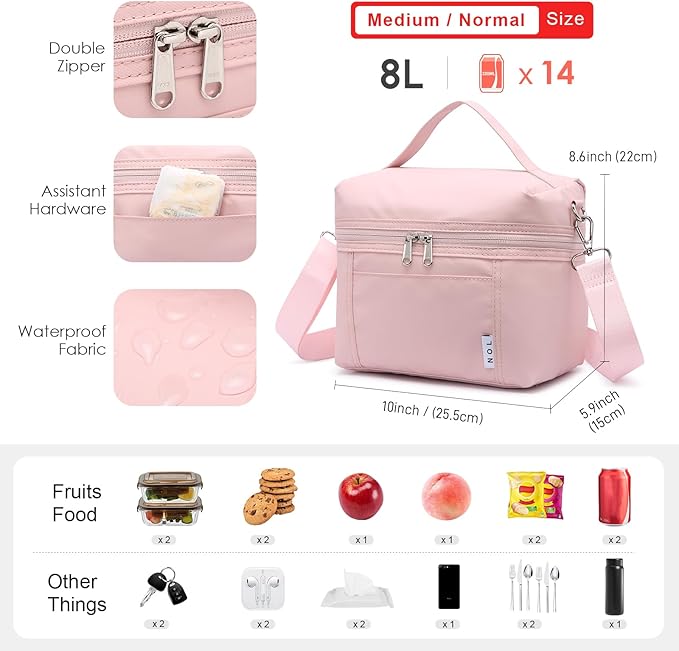NOL Natural Organic Lifestyle Insulated Lunch Bags for Women Cooler Bag Lightweight Nylon Waterproof Lunch Box For Work (Medium, Pink)
