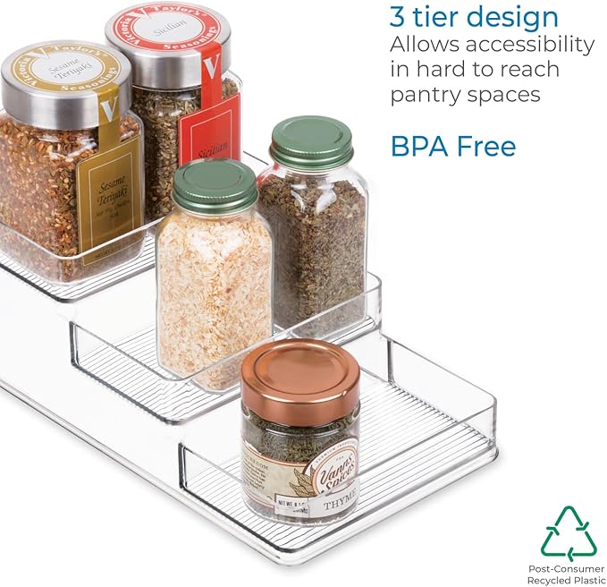iDesign Recycled Plastic 3-Tier Stadium Spice Rack Organizer for Kitchen, Fridge, Freezer, Pantry and Cabinet Organization, The Linus Collection – 6.25" x 4" x 1.25", Clear