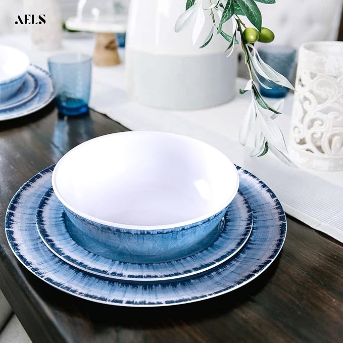 AELS Melamine Dinnerware Set of 12 Pcs Dinner Dishes Set for Indoor and Outdoor Use, Dishwasher Safe, Lightweight Unbreakable, Navy Blue
