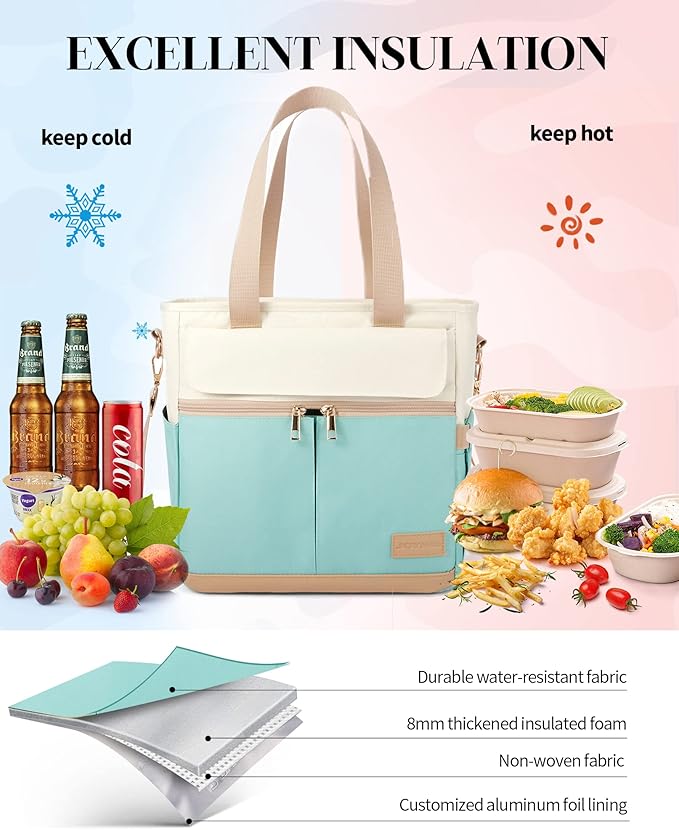 JOYHILL Lunch Bag for Women, Lunch Tote Leakproof Insulated Lunch Box with Shoulder Strap, Adult Reusable Lunch Cooler Tote Bags for Work Picnic Camping Beach (E-GREEN)