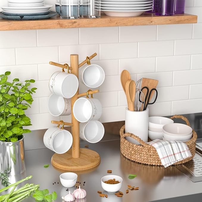 Wisuce Bamboo Coffee Mug Holder Tree, Thicker Base Coffee Cup Holder Stand for Counter, Mug Rack with 6 Hooks (Natural)