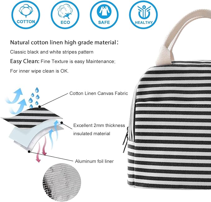 EurCross Canvas Lunch Tote Bag for Women for Work with Black and White Stripes, Reusable Insulated Meal Prep Preppy Lunch Box Bag for Daily Use, Cute Lunch Cooler Bento Boxes Bags