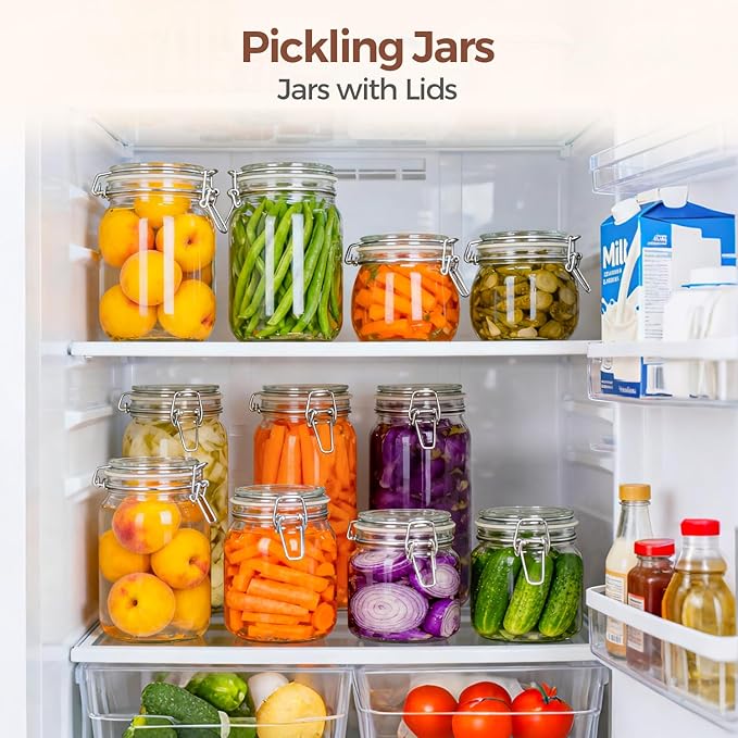 ComSaf 25oz Airtight Glass Canisters with Lids Set of 6, Square Food Storage Jar Container with Clamp Lids for Kitchen Canning Cereal Coffee Pasta Sugar Beans Spice, Clear Mason Jars with 12 Labels