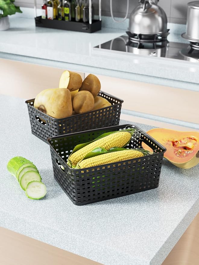WYT 12-Pack Plastic Small Shelf Storage Weave Baskets for Organizing, Black
