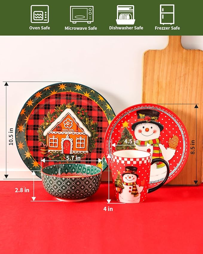 Hasense Christmas Dinnerware Set of 4, Ceramic Plates and Bowls Sets with Mugs, 16 Pieces Chip & Scratch Resistant Party Serving Dishes for Holiday Gift, Microwave and Dishwasher Safe