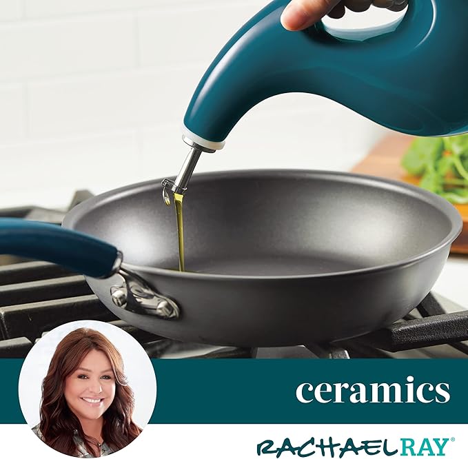 Rachael Ray Serveware Ceramic EVOO Oil and Vinegar Dispensing Bottle Set, 2 Piece, Teal