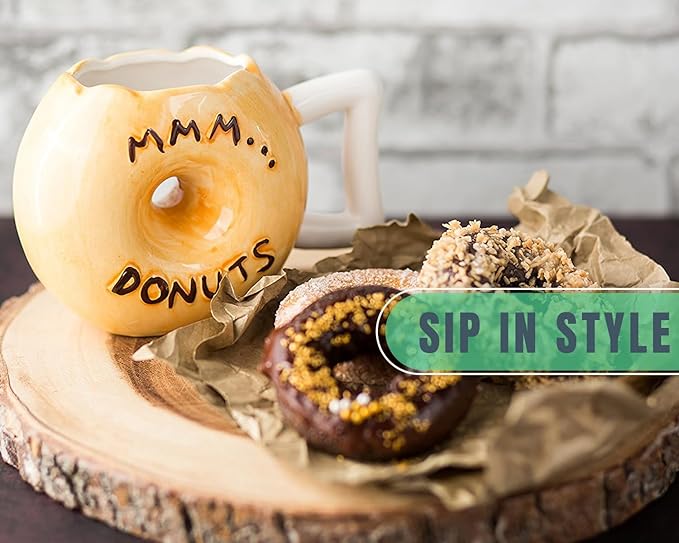 Ceramic Donut Cup – Chocolate Glaze with Sprinkles – Funny “MMM... Donuts!” Quote – Best Cup for Coffee, Tea & More – Large 14 oz – Brown