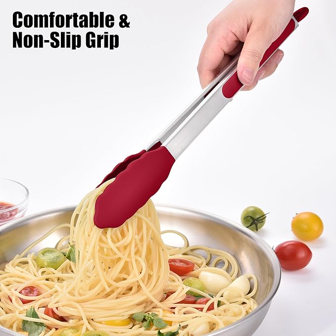 Doosu Kitchen Tongs for Cooking - 600°F Heat Resistant Food Tong Set with Non-Scratch Silicone Tips, Heavy Duty Stainless Steel Locking Tong for BBQ, Grilling Steak, Serving Salad (9+12in, Red)