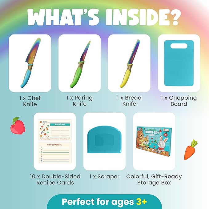 Kids Knife Set for Real Cooking | Skin Safe Chef Set for Ages 3+ with Rainbow Blades, Cutting Board, Scraper, Recipe Cards | Jr Chef Cooking Gift for Teens & Kids (16 Pcs)