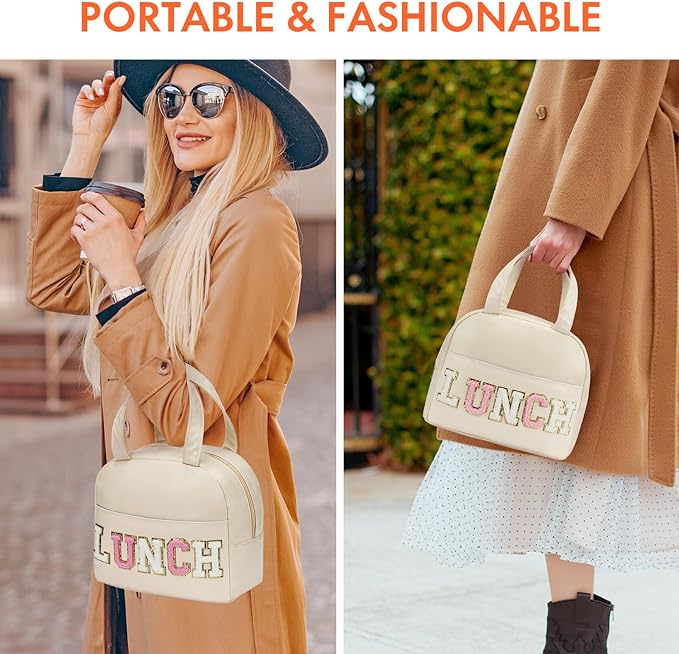 Lunch Bag for Women Insulated For Men PU leather Small Office Work lunch with Chenille Letters Leakproof Freezable Cooler Reusable Portable Box (White)