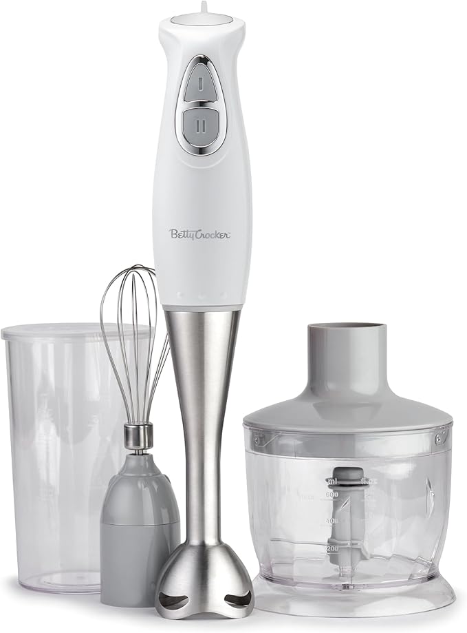 BETTY CROCKER Immersion Blender for Home & Kitchen, 2-Speed Hand Mixer Electric Handheld with Stainless Steel Blade, Beaker & Whisk, 250W Portable Blender with Ergonomic Handle, White
