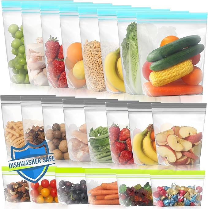 Lerine 22 Pack Reusable Freezer Bags Dishwasher Microwave Safe, Stand Up BPA Free Reusable Sandwich Bags, Leakproof Food Storage Bags for Meal Prep - 8Gallon 8Sandwich 6Snack
