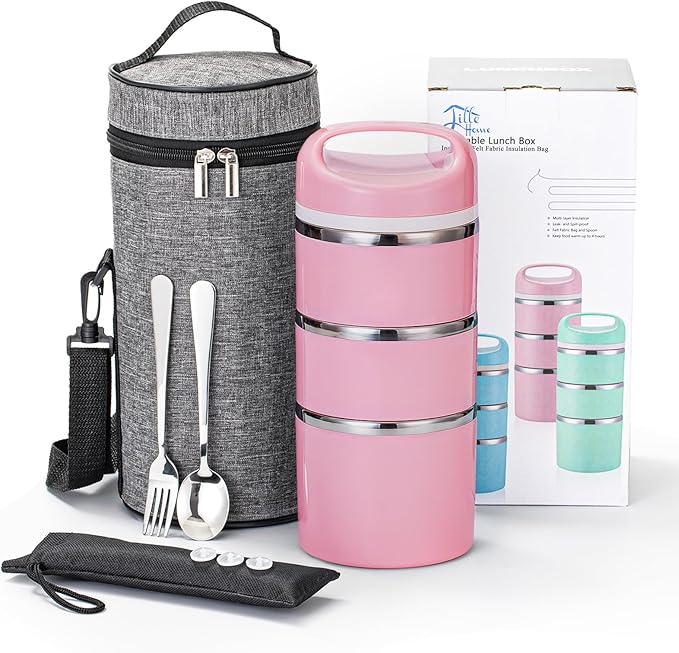 Lille Home Stackable Stainless Steel Thermal Compartment Lunch/Snack Box, 3-Tier Insulated Bento/Food Container with Lunch Bag and 3 Extra Silicone Seals, 43OZ, Pink