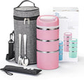 Lille Home Stackable Stainless Steel Thermal Compartment Lunch/Snack Box, 3-Tier Insulated Bento/Food Container with Lunch Bag and 3 Extra Silicone Seals, 43OZ, Pink