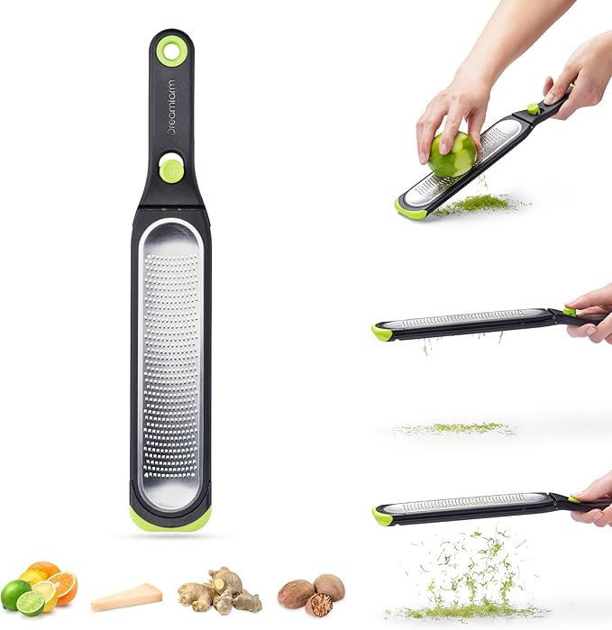 Dreamfarm Ozest Self-Cleaning POP-Button Zester for Fine, Fluffy Citrus Zest, Cheese, Nut, & Spices with Non-Slip Silicone Foot - 1mm Zester, Black/Green