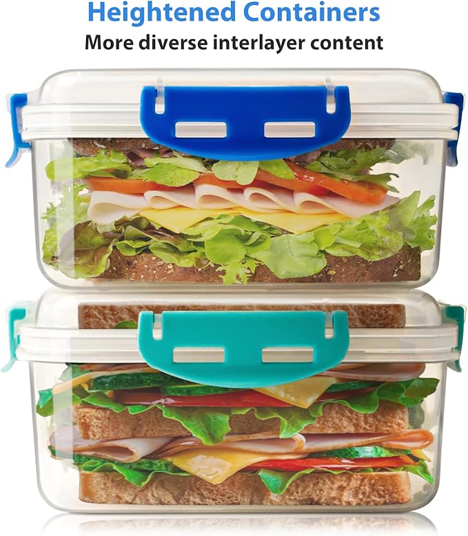 4 PCS Sandwich Containers - 100% Airtight & BPA-Free & Microwave & Dishwasher Safe Kitchen Storage Containers with Upgraded Snaps, 2 heightened Containers for Lunch Boxes and 2 normal version