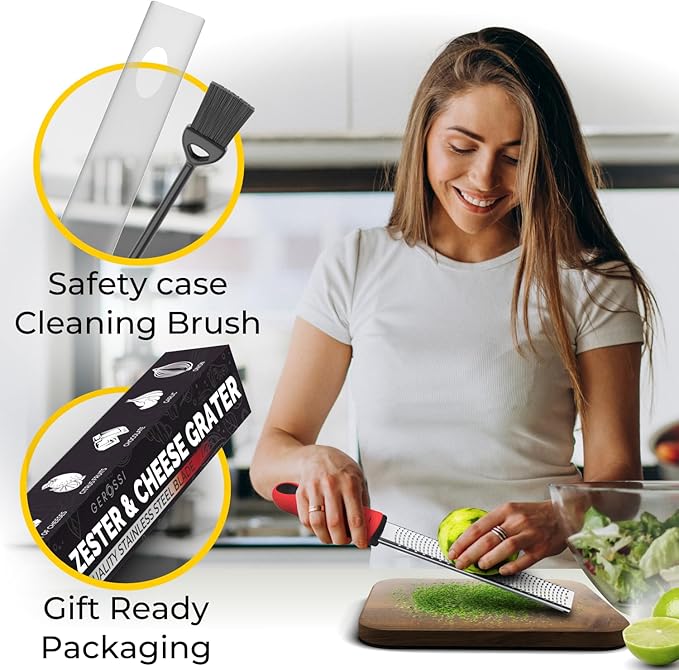 Stainless Steel Cheese Grater & Lemon Zester w/Extra Sharp Blade - Perfect for Lemon, Parmesan, Garlic, Chocolate - Spice Up any Dish in Seconds w/Your Premium Citrus Hand Grater with Handle - Red