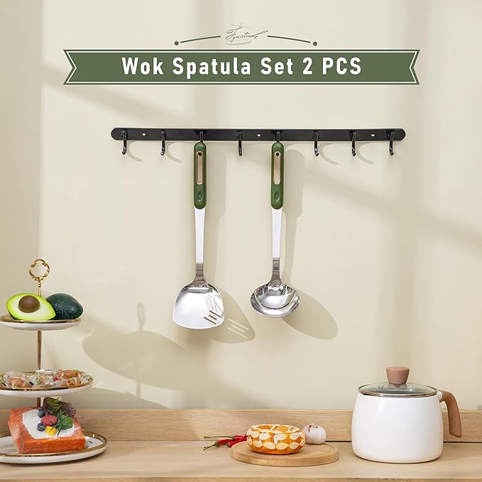 FJNATINH Spatula and Ladle Set - 2 Wok Tools - Universal Ladle and Spatula - Stainless Steel Cooking Utensils and Accessories, 13"-14", Green Handle