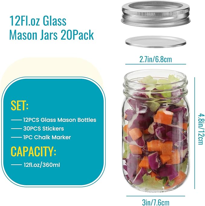 12 oz Mason Jars with Lids 20 Pack - Regular Mouth Canning Jars, Clear Glass Jar for Spices, Dry Goods, Meal Prep, Crafts & Pantry Storage- Includes 30 Stickers & 1 Chalk Pen