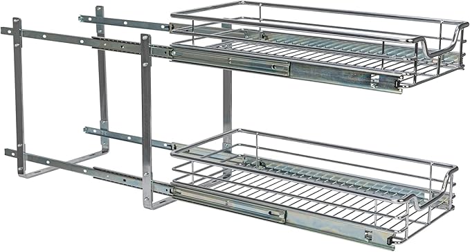Household Essentials Glidez Multipurpose Chrome-Plated Steel Pull-Out/Slide-Out Storage Organizer for Under Cabinet Use - 2-Tier Design - Fits Standard Size Cabinet or Shelf, Chrome
