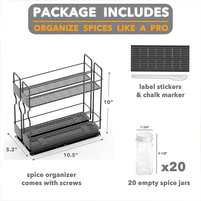 SpaceAid Pull Out Spice Rack Organizer with 20 Jars for Cabinet, Slide Out Seasoning Kitchen Organizer, Cabinet Organizer, with Labels, 5.2" W x10.75 D x10 H, 2 Drawers 2-Tier