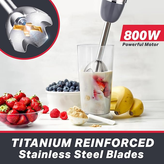 Mueller Multistick 5-in-1 Immersion Blender Handheld,12 Speed Hand Mixer-Turbo Boost,Heaviest Duty Copper Motor,Titanium reinforced Blades Hand Blender,Milk Frother Wand,Whisk,Beaker,Chopper,Grey