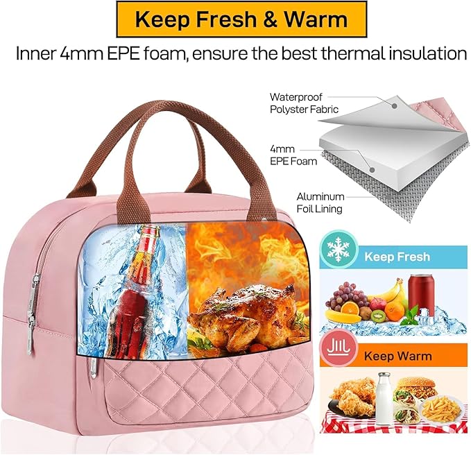 HOMESPON Lunch Bag for Woman Man Adults with Front Pocket Insulated Lunch Tote Lunch Box Container for Work Picnic or Travel(Pink)