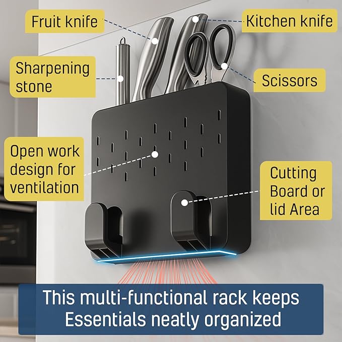 Wall Mounted Knife & Cutting Board Holder – Self-Adhesive Pot Lid and Utensil Organizer with 4 Slots for Knives, Scissors & Kitchen Tools | Space-Saving Under Cabinet Storage Rack