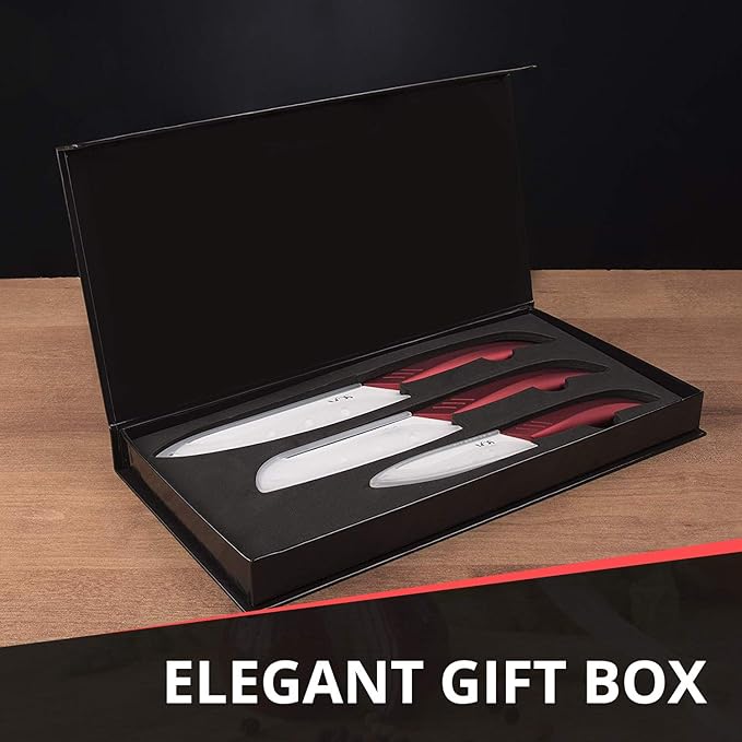 Vos Ceramic Knife Set in Elegant Gift Box, Ceramic Knives Set For Kitchen, Ultra Sharp Kitchen Knife Set with Covers, 4" 5" 6" Paring, Santoku & Chef Knife, Lightweight, Dishwasher safe (Red Handle)