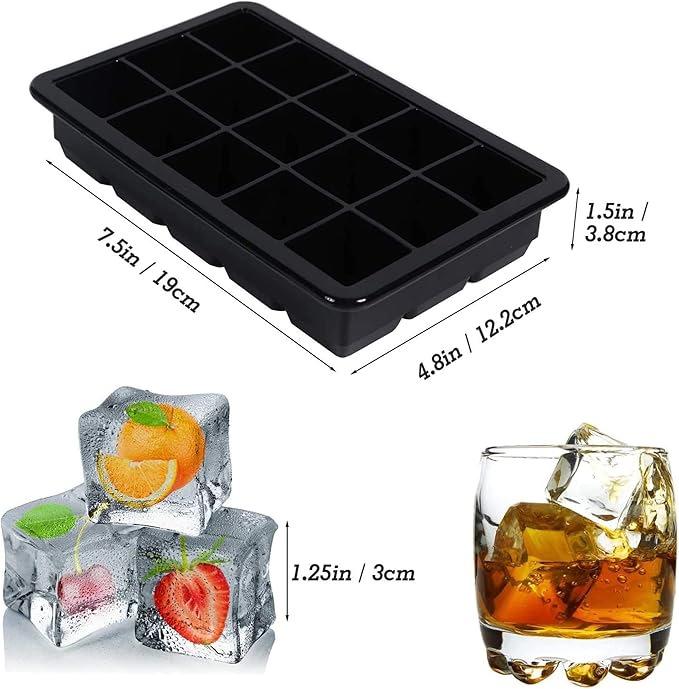 LessMo Ice Cube Tray with Lid 2 Pack, Silicone Ice Cube Molds, Easy Release 15 Square Ice Cube per Tray, BPA Free Flexible Reusable Stackable for Freezer, Whiskey, Chocolate, Baby Food, Juices, Black