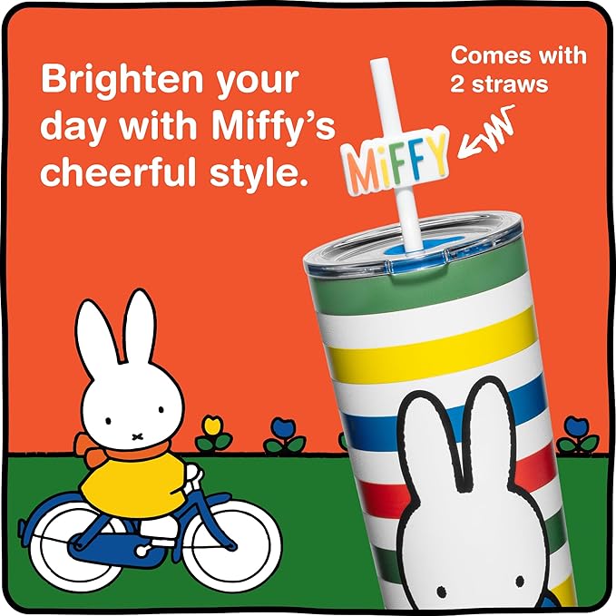 Dragon Glassware | Miffy 24 oz Vacuum Insulated Tumbler with Lid and Straw - Tumbler Cup with 2 Straws - Stainless Steel Tumbler with Straw Topper for Water, Iced Tea - Stripes