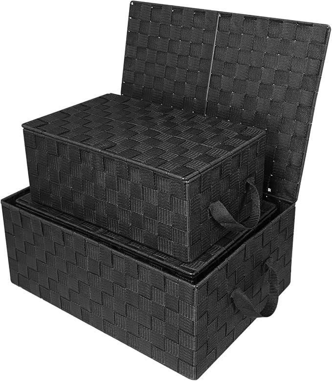 Sorbus Set of 3 Hand-Woven Storage Baskets with Lids – Mesh Design Organizers for Closet, Shelves, and Home Storage (Black)