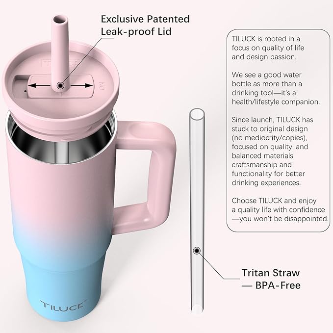 TILUCK 30 oz Tumbler with Handle, Vacuum Insulated Stainless Steel Travel Mug with 100% Leak-Proof Silicone Straw Lid, Cupholder Friendly Water Bottle(PinkBlueGradient, 30oz)