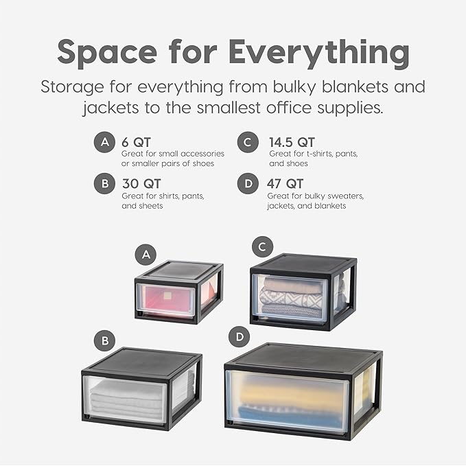 IRIS USA 47 Qt. Plastic Drawer Storage Organizer Stacking Drawers, 2-Pack, Stackable Unit with Sliding Drawer for Clothes Bedroom Kitchen Under Sink Pantry Craft Room Bathroom Dorm Office, Black